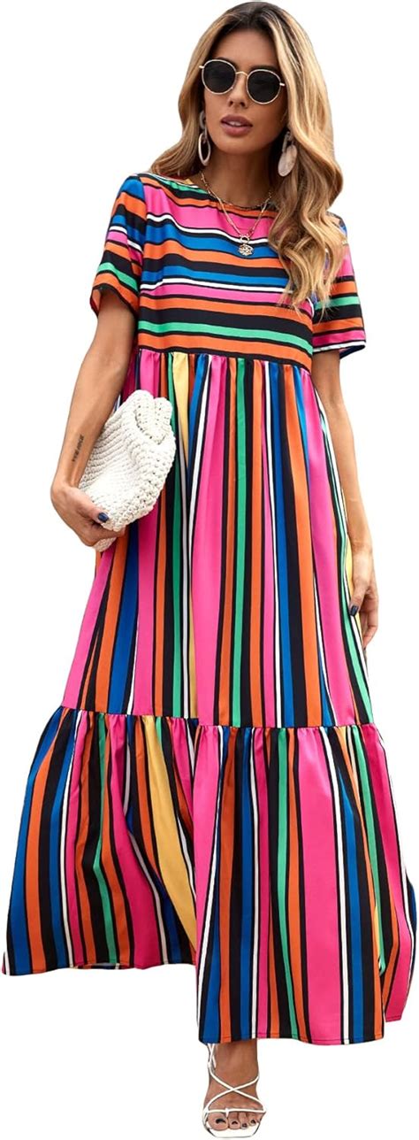 Floerns Women S Striped Print Short Sleeve Ruffle Hem Boho Maxi Long