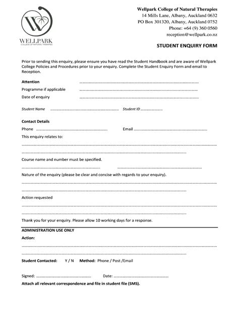 Fillable Online Wellpark Co Student Enquiry Form Wellpark Co Nz Fax