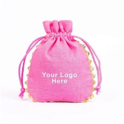 Round Light Pink Logo Printed Cotton Pouches Drawstring Size