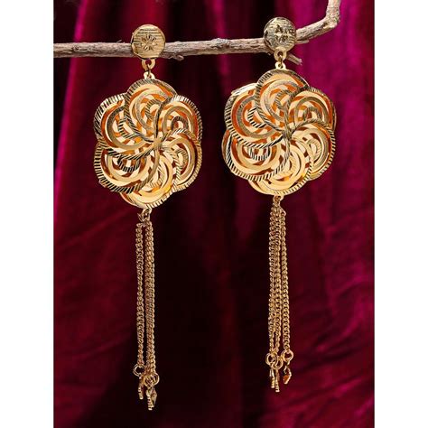 Zeneme Gold Plated Round Gold Toned Flower Shaped Classic Drop Jhumkas