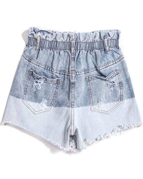 Blue Elastic Waist Ripped Denim Shorts Shein Sheinside