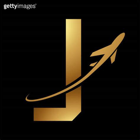 Glossy Gold And Black Futuristic Letter J Icon With An Airplane