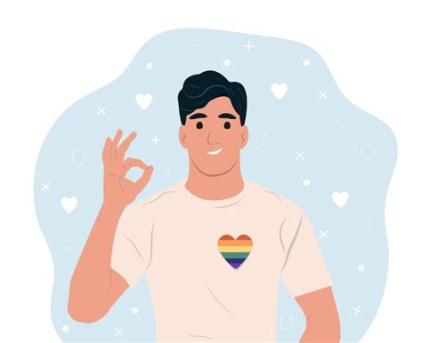 Hombre gay con arcoíris lgbtq y corazón transgénero celebrando el mes o el día del orgullo