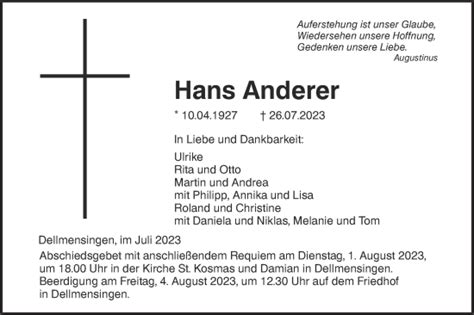 Traueranzeigen Von Hans Anderer S Dwest Presse Trauer