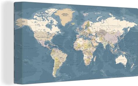 Canvas Wereldkaart 160x80 Wanddecoratie Wereldkaart Atlas Blauw