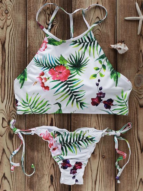 20 OFF 2021 Flowers Print High Neck Bikini Set In WHITE ZAFUL