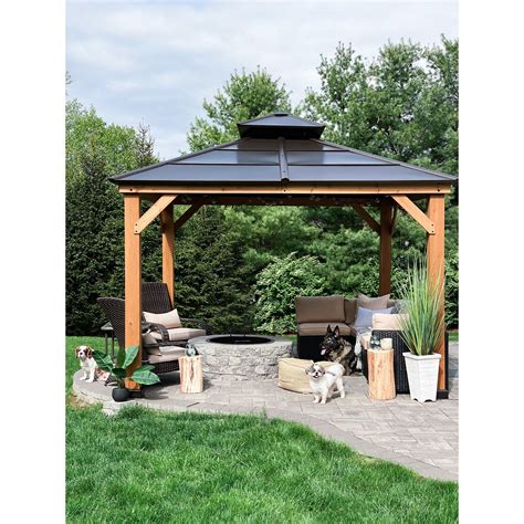 Sunjoy Missouri Collection 11 Ft X 11 Ft Cedar Framed Gazebo With Brown Steel 2 Tier Hip Roof