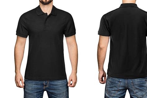 men in blank black polo shirt, front and back view, isolated white ...