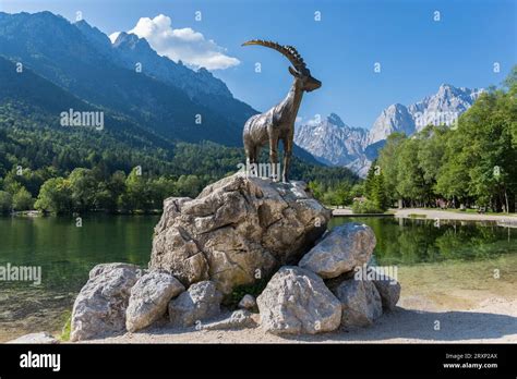 Goldhorn statue near Jasna lake, Kranjska Gora, Slovenia Stock Photo ...