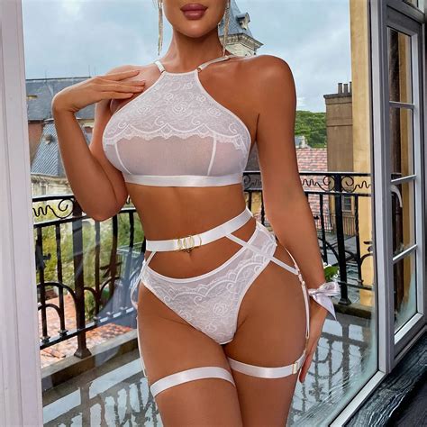 New Product Ideas Women Sexy Lingerie Set Solid Rhinestone Mesh Lace Patchwork Underwear