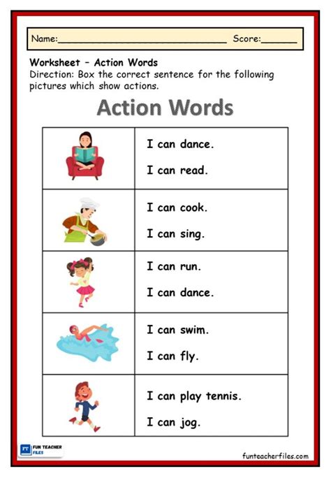 Action Word Worksheets Fun Teacher Files