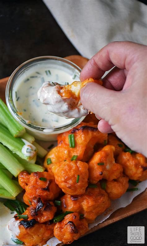 Baked Buffalo Cauliflower Bites By Life Tastes Good With A Dairy Free Ranch Dipping Sauce Are