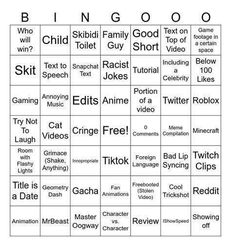 Yt Shorts Bingo Card