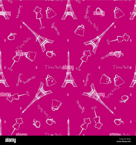 Seamless Pattern Eiffel Tower With Hearts On Blackhand Drawing