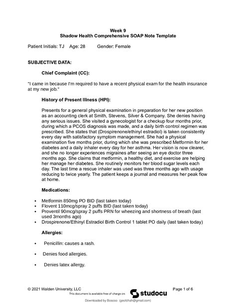 Week Shadow Health Comprehensive Soap Note Template Browsegrades