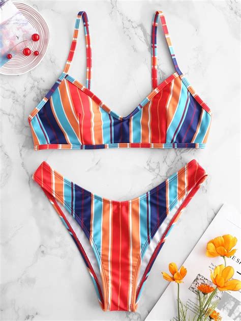 Zaful Colorful Striped Bikini Set Multi Multi A Ad Striped