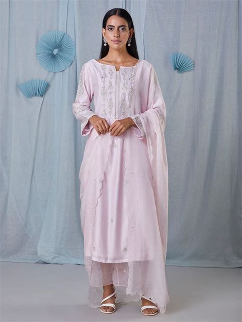 Buy Old Rose Hand Embroidered Chanderi Silk Suit With Tissue Organza