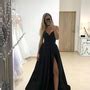 Sexy A Line V Neck Black Long Prom Evening Dress With Split Front