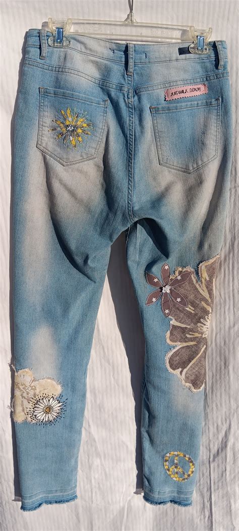 Jeans, Embroidered, Denim, Patched, Distressed, One-of-a-kind, Unique, Wearable Art, Hippie ...