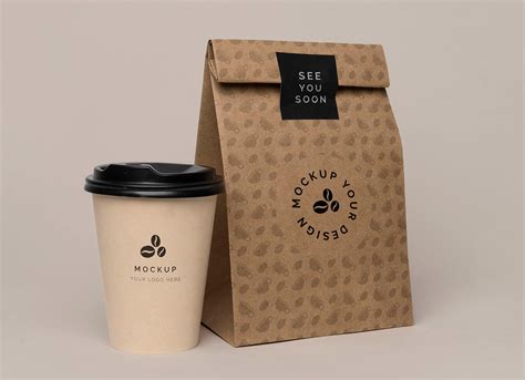 Free Kraft Paper Bag With Coffee Cup Mockup For Brand Packaging Mockup