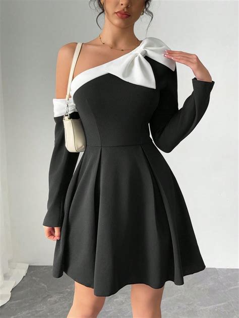 womens monochrome oblique shoulder bowknot embellished long sleeve