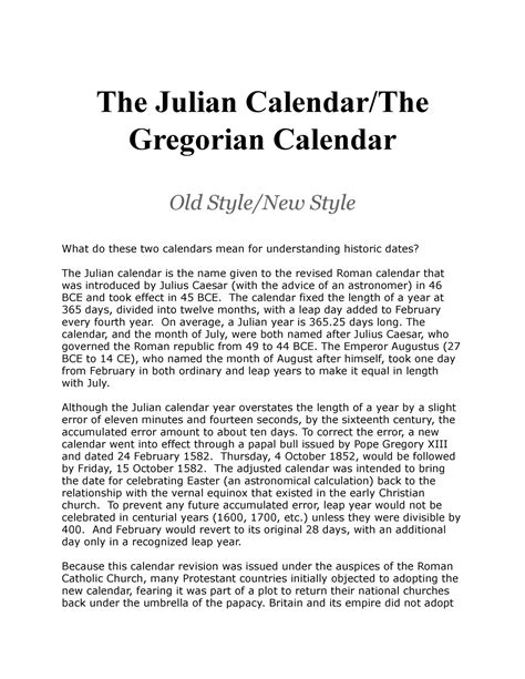 Julianandgregoriancalendars The Julian Calendarthe Gregorian