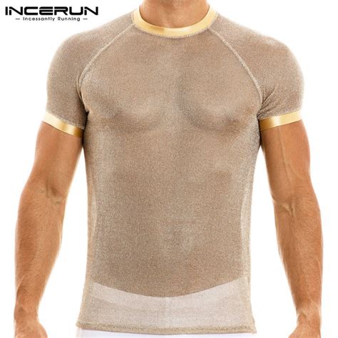 INCERUN Mens Short Sleeve Sheer Mesh Shiny Crew Neck T Shirts Party