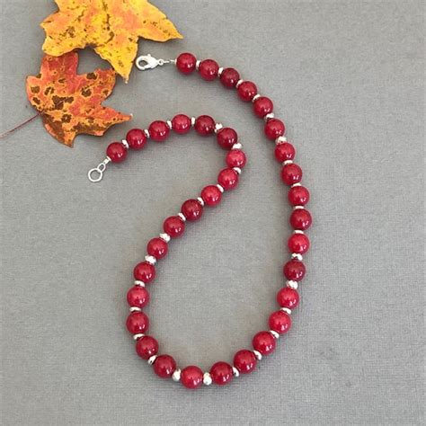 Cherry Red Bead Necklace With Silver Red Stone Necklace Red Silver Necklace Quartz Gemstone