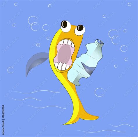 Yellow fish eating plastic bottle in blue ocean, rubbish pollution vector illustration Stock ...