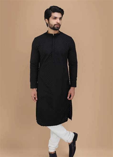 Buy Black Self Embroidered Kurta Set Online in India @Manyavar - Kurta Pajama for Men