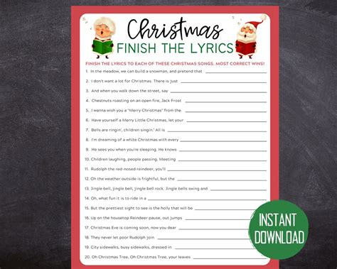 Christmas Song Trivia Game Finish The Lyrics Christmas Etsy