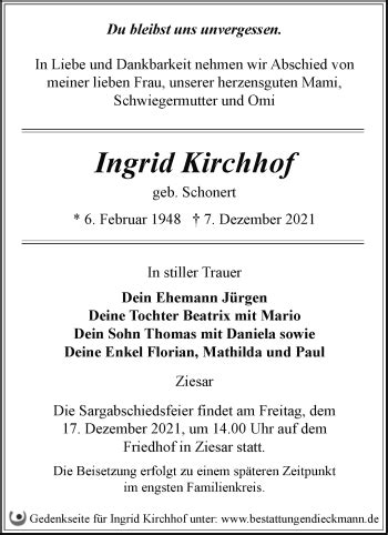 Traueranzeigen Von Ingrid Kirchhof M Rkische Onlinezeitung Trauerportal