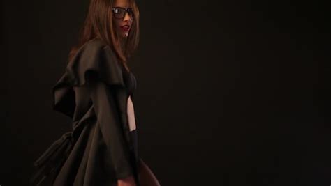 Sexy Brunette Black Lingerie Jacket Glasses Stock Footage Video Royalty Free