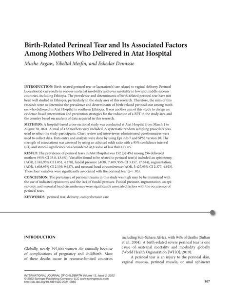 Pdf Birth Related Perineal Tear And Its Associated Factors Among