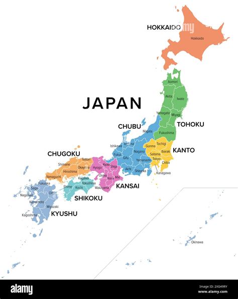 Japan, regions and prefectures, multi colored political map. The eight ...