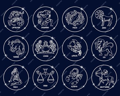 Premium Vector Set Of Zodiac Signs In White Shiny Circles White Outline On A Blue Background