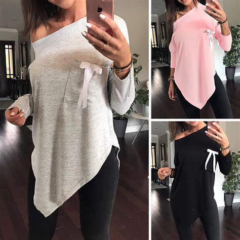 Sexy Oblique Shoulder Long Sleeve Irregular Hem Solid Color T Shirt