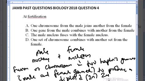 JAMB PAST QUESTION BIOLOGY 2018 QUESTION 4 Fertilisation Male And