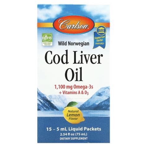 Carlson Wild Norwegian Cod Liver Oil Natural Lemon 15 Liquid Packets 0 17 Fl Oz 5 15 Count