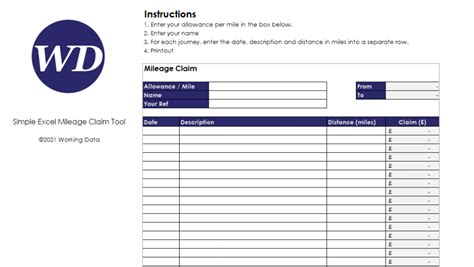 simple excel mileage claim spreadsheet  working data