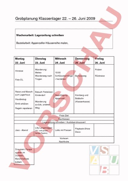 Arbeitsblatt Grobplanung Klassenlager Administration Methodik