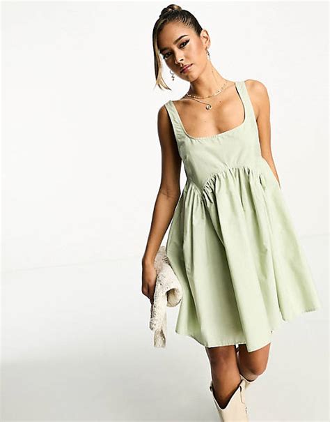 Asos Design Square Neck Mini Smock Sundress In Sage Asos