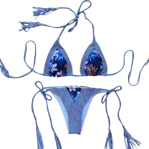 Sexy Halter Neck Padded Stripe Pattern Separated Bikini Set Women Swimsuit Swimsuit Pattern