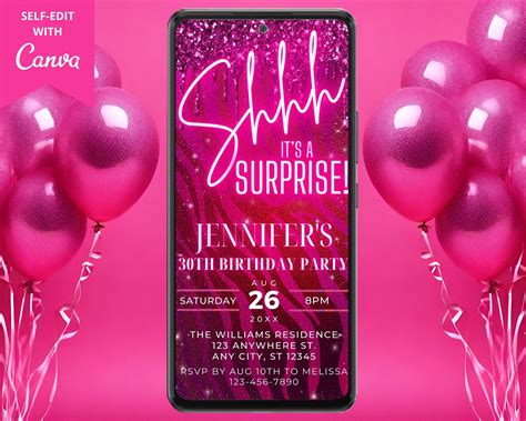 Digital Hot Pink Gold Balloons Birthday Party Invitation Electronic Phone Text Invite Neon Lets