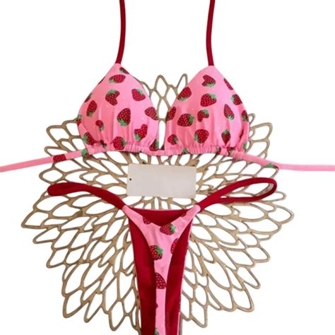 Damen Zweiteiler Bikini mit fröhlichem Muster Triangel BH Tanga Höschen Dünne Strings Bunte