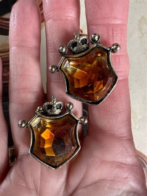 Vintage Swank Citrine Shield With Crown Cuff Links S Gem