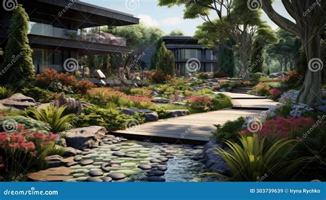 Landscape Design with Flowers, Beautiful Residential Stock Image - Image of outdoor, yard: 303739639