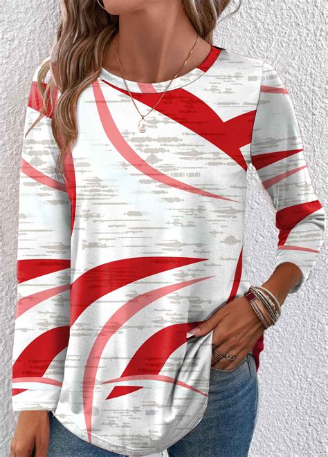 Rotita Lightweight Geometric Print Red Round Neck T Shirt Rotita