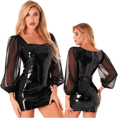 Women S Wet Look Patent Leather Bodycon Mini Dress Sexy Zipper Lingerie Clubwear Ebay