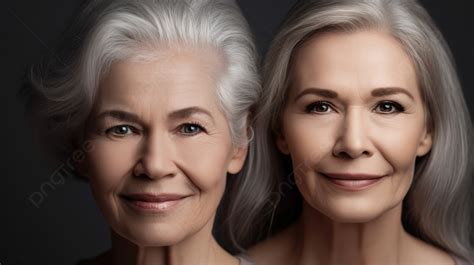 Two Women With Gray Hair Are Shown Before And After Facial Treatments